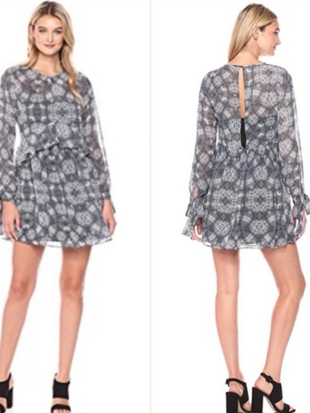 Sam Edelman Snake Print Ruffle-Hem Mini Dress with Sheer Long Sleeves